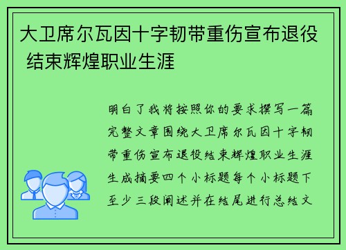 大卫席尔瓦因十字韧带重伤宣布退役 结束辉煌职业生涯